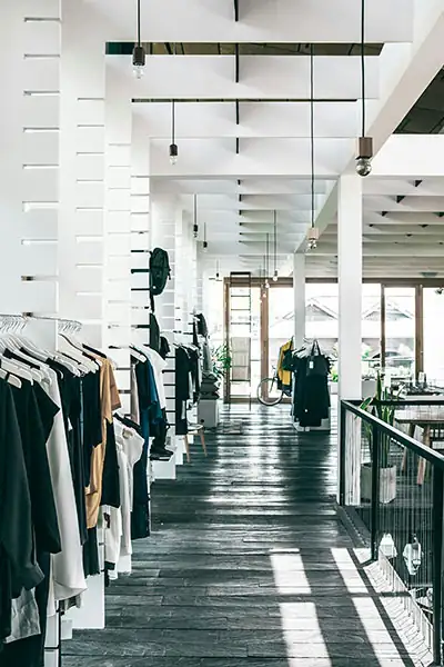 A high-end boutique interior with organized garment racks, symbolizing our scalable and tailored e-commerce solutions.