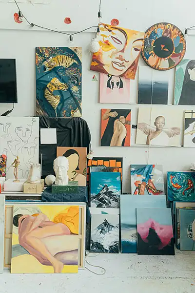 An organized art studio with canvases on easels, symbolizing our approach to custom, handcrafted web design.